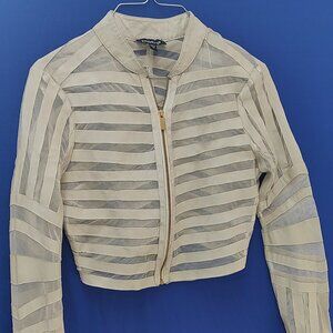 Bebe beige genuine leather, cropped striped biker jacket